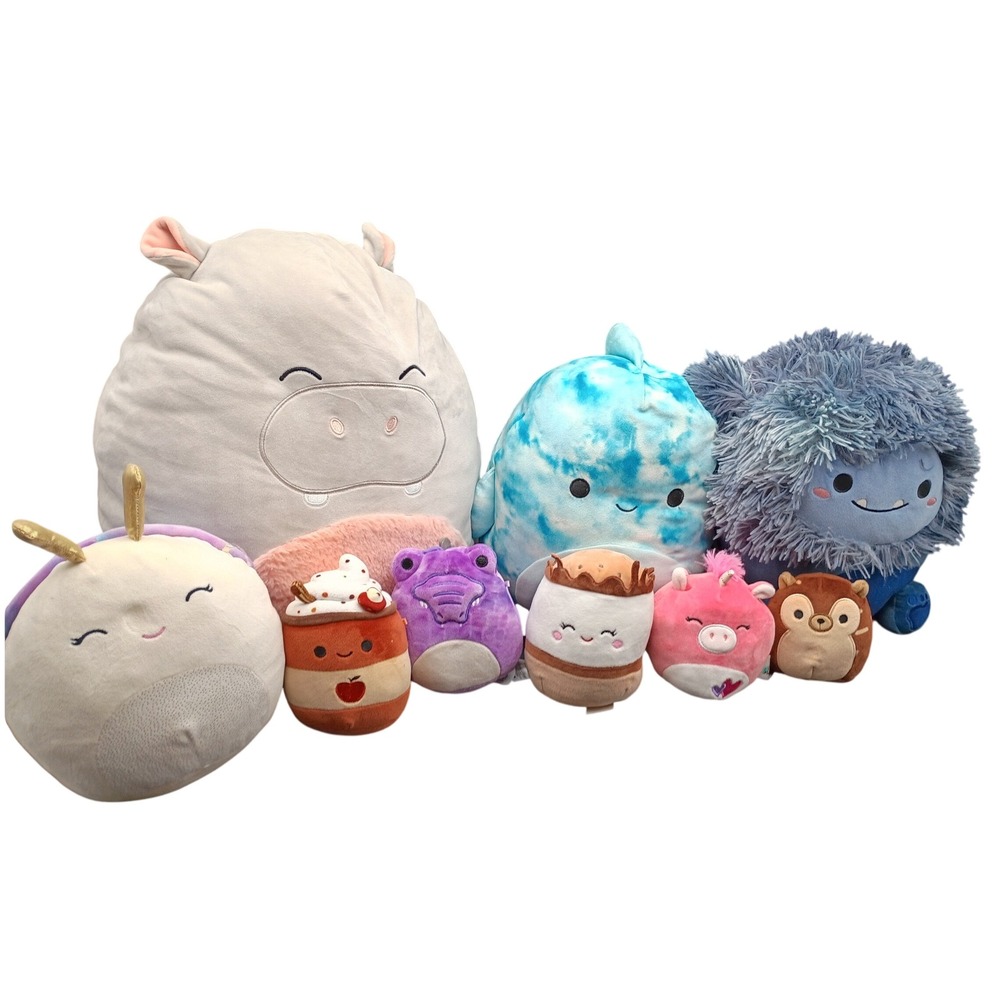 Squishmallows Plush Lot Hippo Bigfoot Whale Unicorn S'more 9 Piece Collection